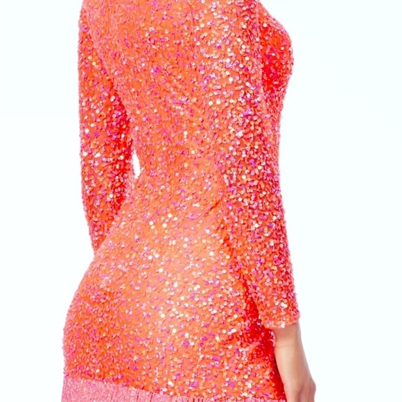 Fully Beaded Long Sleeve Cocktail Dress with Fringe Trim|Ashley Lauren|Size 6 - Picture 2 of 5